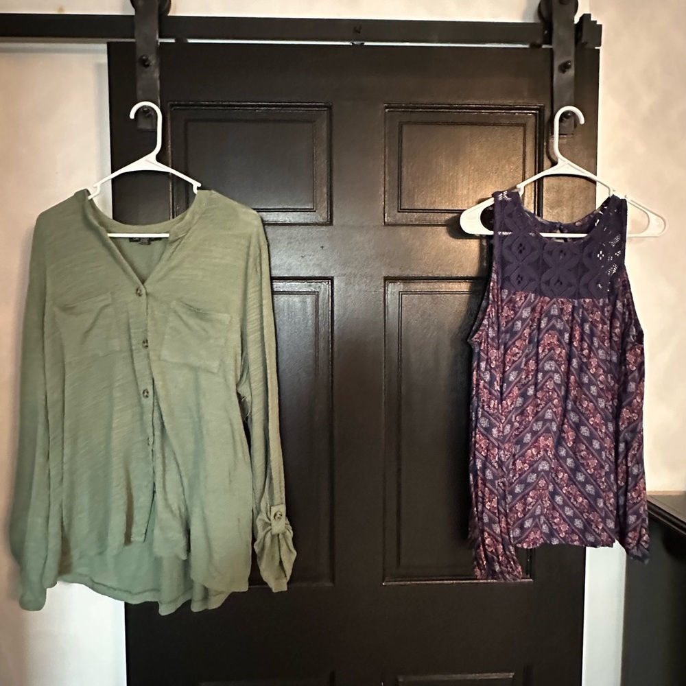 Two items. Both long sleeve. Blue shirt has “cold shoulders” and Lacey chest.